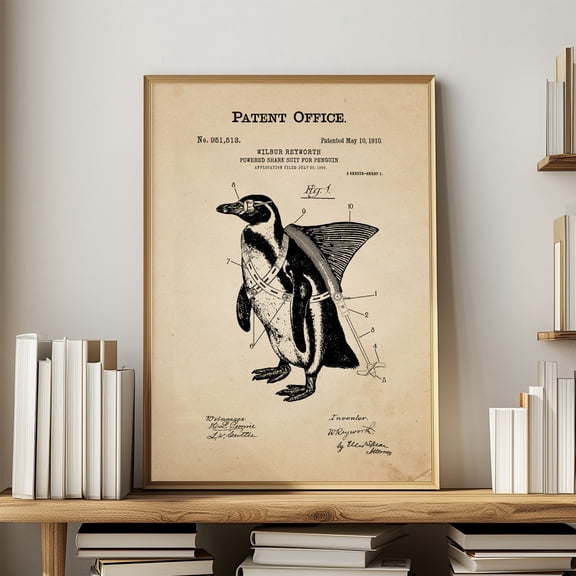 Funny Patent Penguin for Teacher Eclectic Home Office Decor Teenage Boy Room Geek Engineer, Unframed Poster