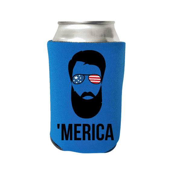 Funny Patriotic Can Coolers, 'Merica, 4th of July, Memorial Day, Summer, Beard Man, America Party Gift, USA Theme Coolies (Blue)