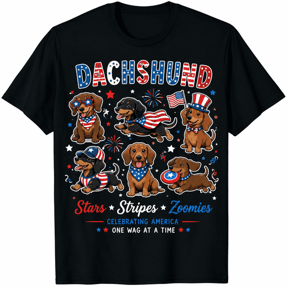 Funny Patriotic Dachshund T-Shirt for Women Men, Cute Wiener Dog 4th of July Graphic Tee, Stars Stripes Zoomies USA Independence Day Shirt, Red White Blue Dog Lover Gift