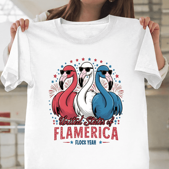 Funny Patriotic Flamingo Flamerica Bird USA July 4th Graphic Unisex T-Shirt, for men & women, up to size 5XL.