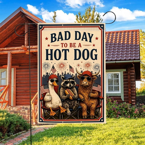 Funny Patriotic Garden Flag Bad Day To Be A Hot Dog, Animals Print 4th of July Outdoor Patio Party Decor, 12x18 Inch
