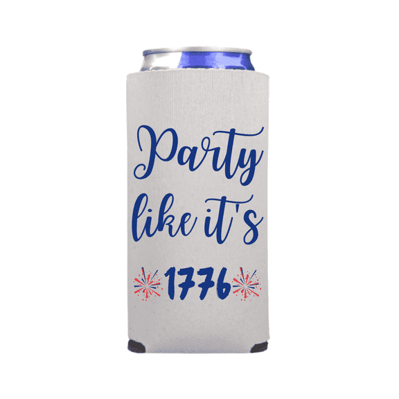 Funny Patriotic Slim Can Coolers, Party like it's 1776 Spiked Seltzer Coolies, 4th of July, Memorial Day, Summer Skinny Coolies, USA Party Gift, Beer Hugger (White)