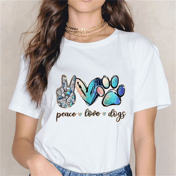 Funny Peace Love Dogs Print T-shirts For Women Summer Round Neck Tee Shirt Femme Fashion Casual T-shirts Grandma