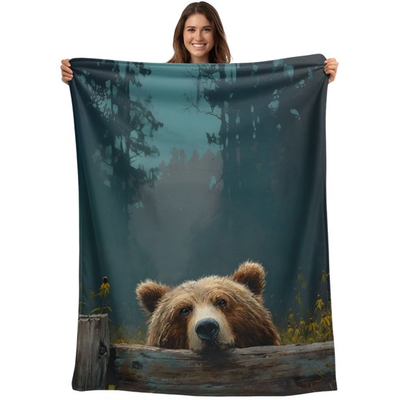 Funny Peeking Bears Blanket Soft Cozy Warm Throw Blanket for Couch, Plush Fuzzy Flannel Blankets for Sofa, County Forest Cabin Wild Animals Bed Blankets Lightweight Gifts for Women, 32"x48"