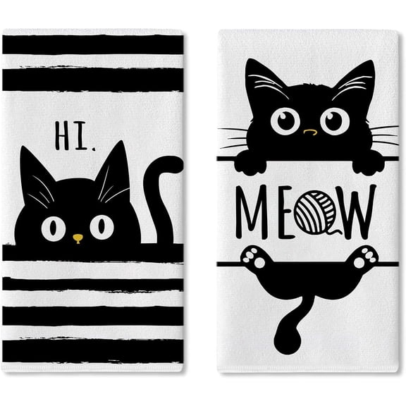Funny Peeking Black Cat Kitchen Dish Towels Set of 2, Hi Meow Yarn Ball Striped Drying Hand Towel Baking Cooking Cloth, Bathroom Home Decor Pet Cat Owner Lover Gifts 18'' x 26''