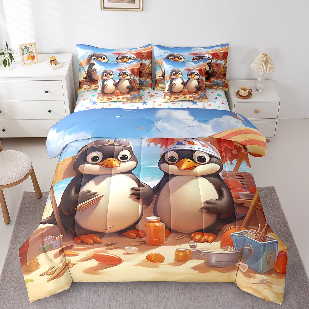 Funny Penguin Bedding Set Queen Size 7 Pcs,Coastal Beach Bed in a Bag