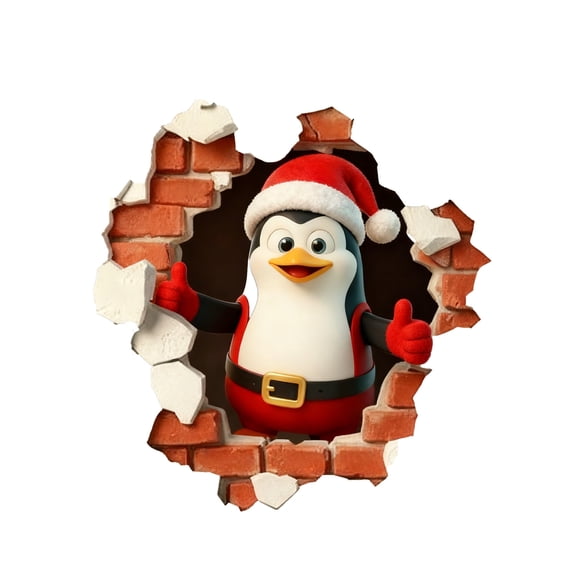 Funny Penguin Break Through Wall 3D Sticker for Christmas Holiday Home Decor Removable Art A