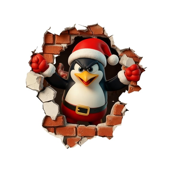 Funny Penguin Break Through Wall 3D Sticker for Christmas Holiday Home Decor Removable Art B