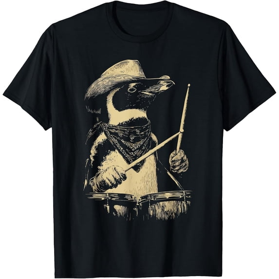 Witty Dc Funny Penguin Drummer T-Shirt - Cowboy Animal Western Theme Design ...