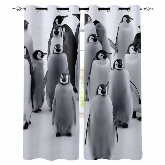 Funny Penguins Blackout Curtains for Bedroom, Thermal Insulated Window Treatment, Snow Winter Grey Penguin Animals Grommet Top Blackout Draperies and Drapes for Basement 27.5"x39" 2 Panels