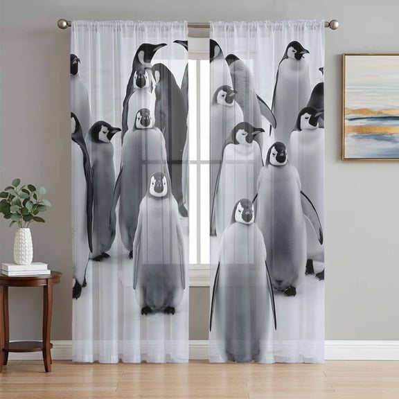 Funny Penguins Sheer Curtains 63 Inch Length 2 Panels Set, Snow Winter Grey Penguin Animals Voile Window Treatment Rod Pocket Curtains Sheers Drapes for Bedroom/Living Room/Kitchen 52x"63"x2