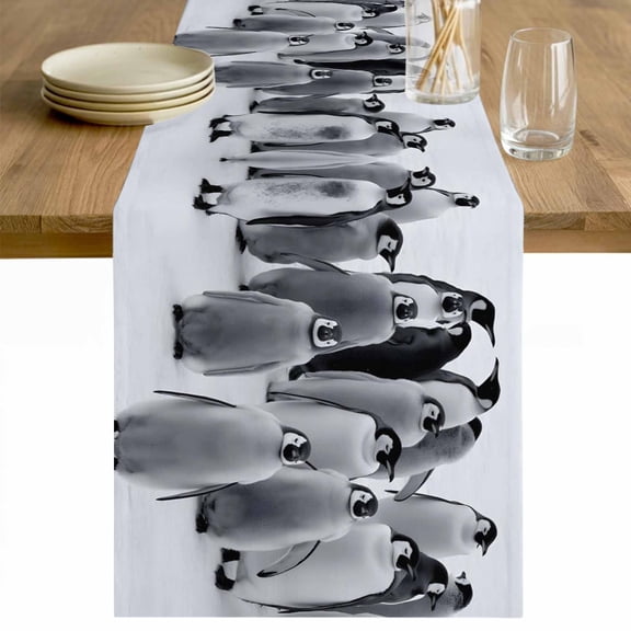 Funny Penguins Table Runner 48 Inches Long Farmhouse Dress Scarves, Snow Winter Grey Penguin Animals Dining Tablerunner for Coffee Table/Kitchen Island/Party Décor, 13" x 48"
