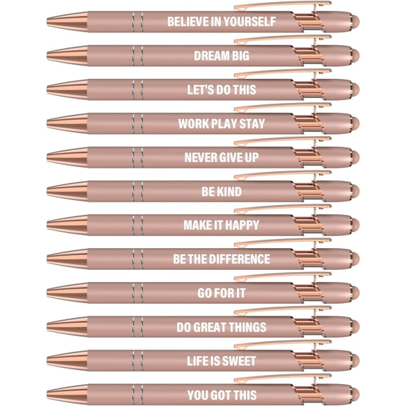Funny Pens, 12 Pcs Rose Gold Fine Point Smooth Writing Pens, Inspirational Stylus Ballpoint Pens with Screens Touch Stylus Tips, Black Ink 1.0 Mm Gift Office Desk Accessories