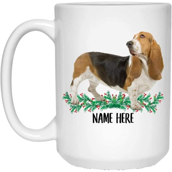 Funny Personalized Text Gifts Basset Hound Tri Color Fawn Custom Name Christmas 2022 Gifts White Coffee Mug White 15oz