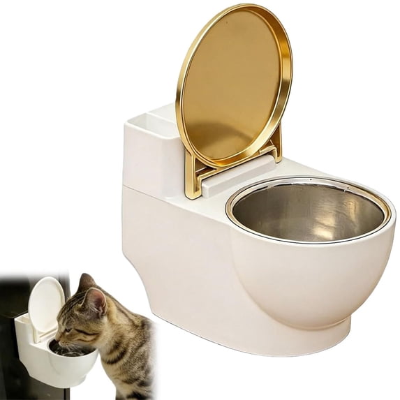 Funny Pet Bowl – White Toilet-Shaped Wall-Mounted Cat & Dog Water Bowl with Lid, Food-Grade Stainless Steel Inner Bowl, Whisker-Friendly Shallow Dish, Indoor Kitchen Bathroom Living Room