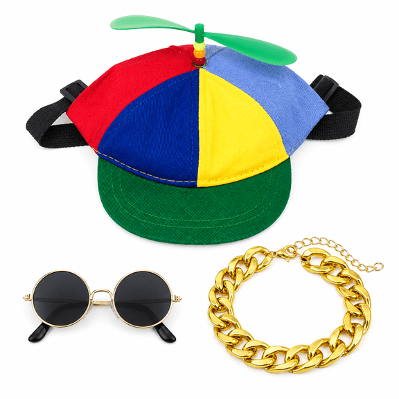 Funny Pet Costume Set for Dogs & Cats, 3 Pcs Dog Propeller Hat with Round Sunglasses and Gold Chain, Adjustable Pet Party Outfit Accessories for Small Dogs Cats, Birthday Halloween Photo Props