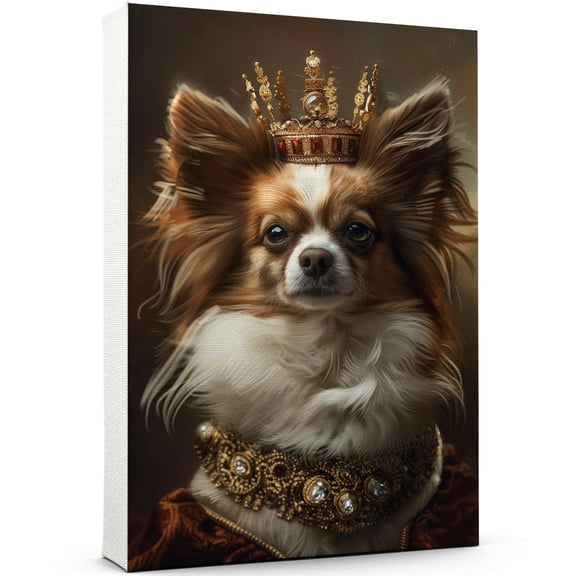 Funny Pet Wall Art, Pet Portrait in a Royal Costume Papillon Dog Painting Canvas Print Framed Artwork Rustic Dog Pictures Wall Decor for Restroom Decor