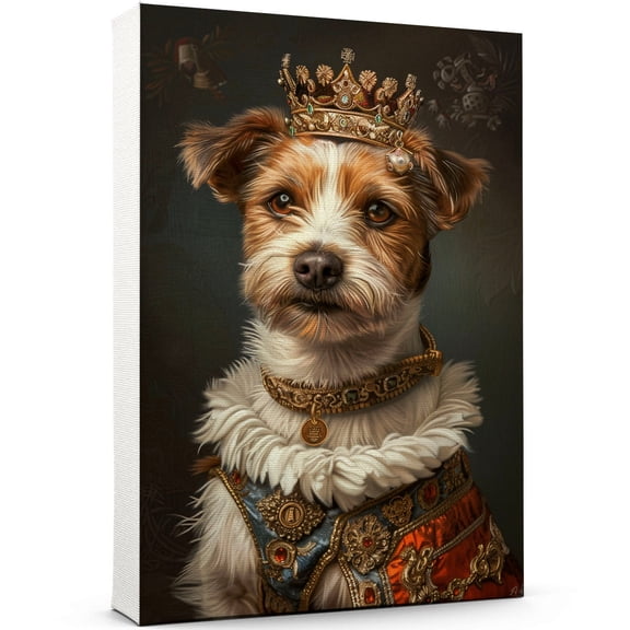 Funny Pet Wall Art, Pet Portrait in a Royal Costume Parson Russell Terrier Dog Painting Canvas Print Framed Artwork Rustic Dog Pictures Wall Decor for Restroom Decor