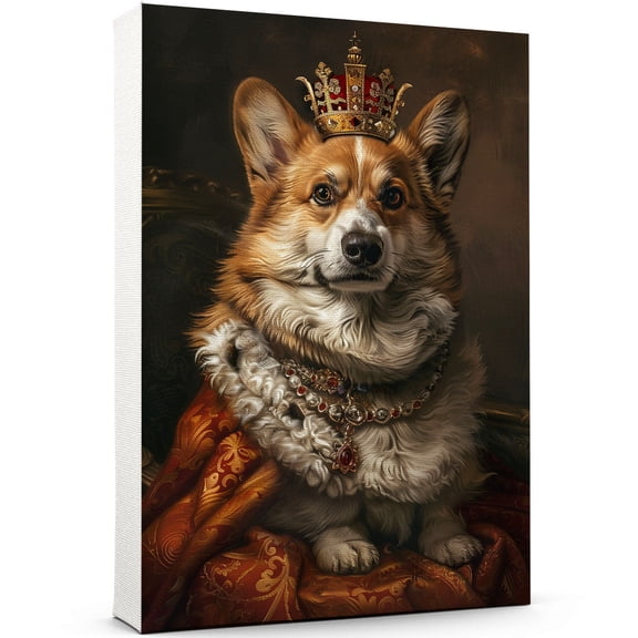 Funny Pet Wall Art, Pet Portrait in a Royal Costume Pembroke Welsh Corgi Dog Painting Canvas Print Framed Artwork Rustic Dog Pictures Wall Decor for Restroom Decor