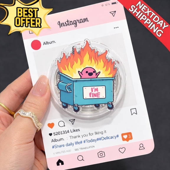 Funny Phone, Dumpster Fire Meme, Cute Stress Humor Phone Grip, Everyday Style Phone Holder, E-Reader Accessory