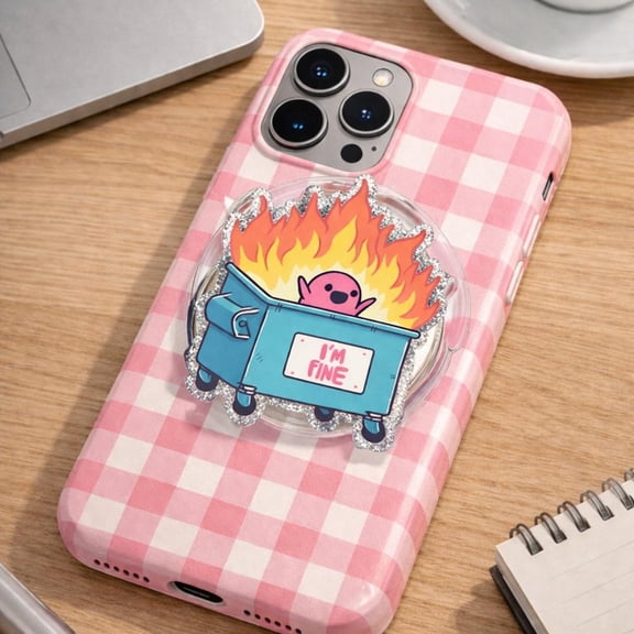 Funny Phone Grip, Sarcastic Humor Gift, Dumpster Fire Phone Holder, Chaotic Cute Accessory, Relatable Gift for Her