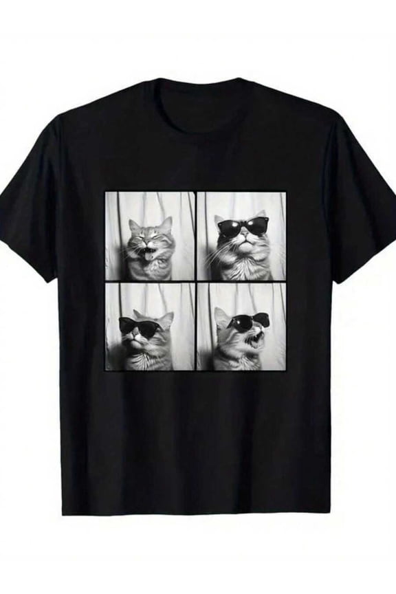 Funny Photo Booth Cat Selfie Photo Strip Cute Laughing Cat Lovers T-Shirt, Black T-Shirt For Teens And Adults, Halloween Christmas Ideal Gift, Summer Loose Men's Outdoor T-Shirt Sizes S To 5XL