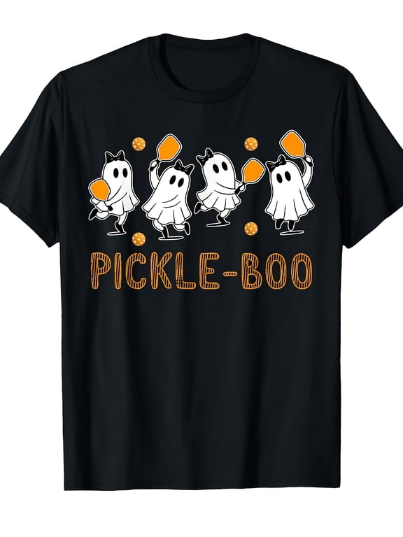 Funny Pickle Boo Ghost Pickleball Halloween Graphic Tee for Men Women, Cute Spooky Paddle Short Sleeve T-Shirt, Casual Crew Neck Top for Pickleball Lover Gift