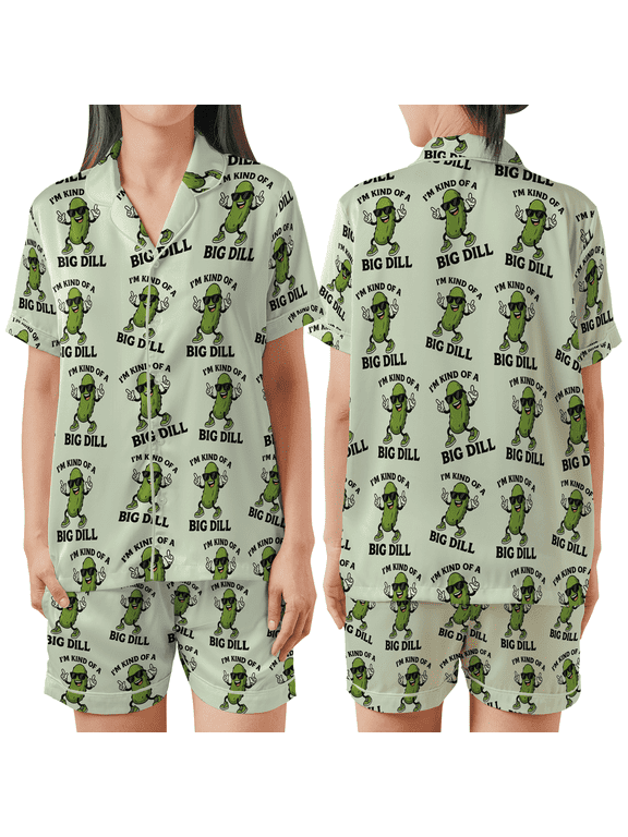Funny Pickle Pajama Set, Cute “Big Dill” Pajamas, Cartoon Print Satin Sleepwear, Unique Gift for Christmas & Birthday