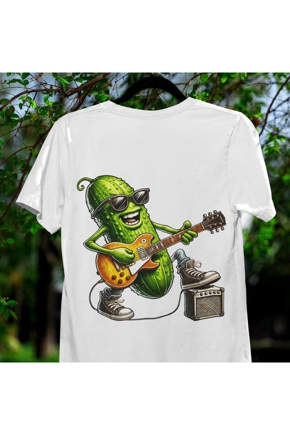 Funny Pickle Rock Star T-Shirt - Cool Cucumber Playing Guitar Tee - Music Lover Gift - Punk Rock Vegetable Shirt-Unisex Band Merch Style Top