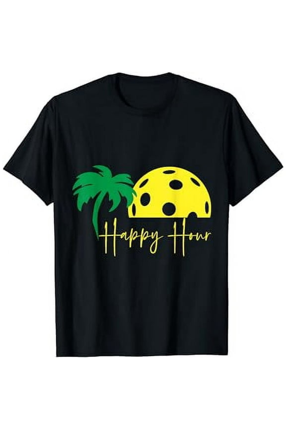 Funny Pickleball Ball Palm Tree Happy Hour Graphic for Men Women Short Sleeve Tee