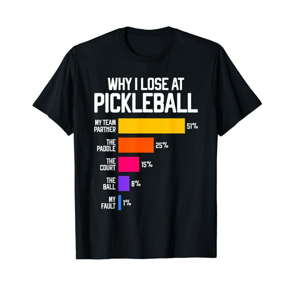 Funny Pickleball Humor T-Shirt: Why I Lose - Black Tee Classic Fit, Crew Neck, Short Sleeve