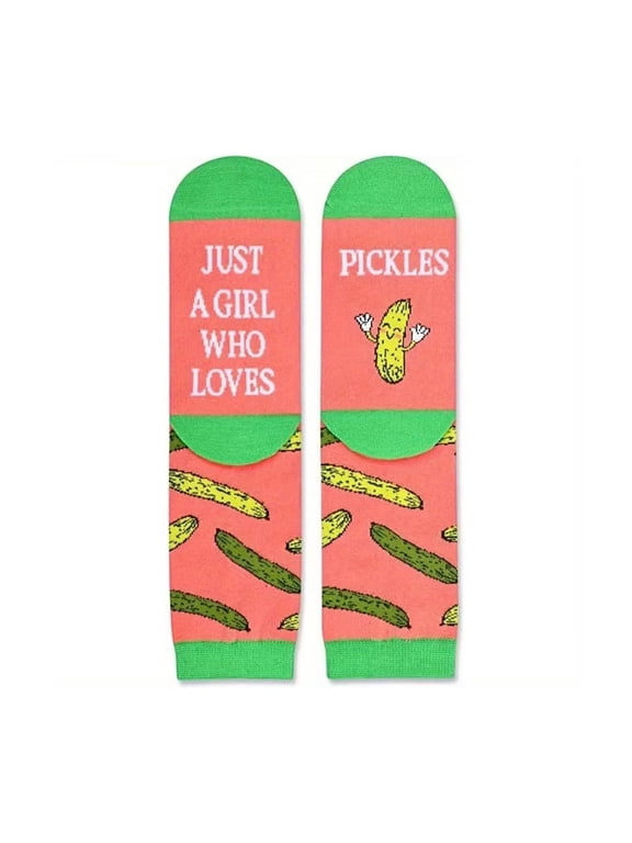 Funny Pickles Socks Creative Girl Who Love Pickles Letters Printed Cotton Middle Calf Socks Gift for Pickles Lover Women
