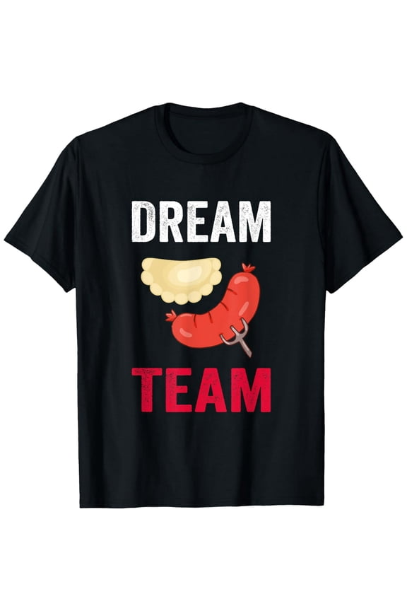 Funny Pierogi and Kielbasa Dream Team Graphic T-Shirt - Retro Polish Food Lover Tee for Men and Women - Cute Sausage Dumpling Apparel