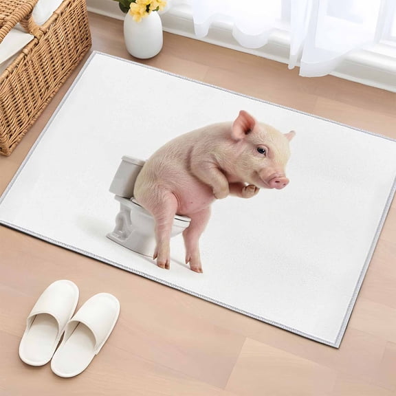 Funny Pig 2'x3' Washable Rug, Cute Art Fun Lovely Animals on Toilets Non-Slip Soft Doormat Area Rugs for Entrance Bathroom Bedsides, StainResistant Carpet for Kitchen Bedroom, Entryway Floor Mat