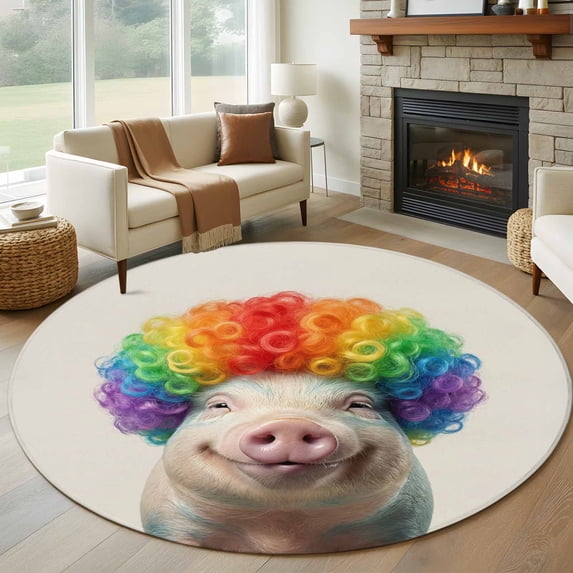Funny Pig 6ft Round Rugs, Rainbow Abstract Animals Washable Non-Slip Area Rugs for Living Room Bedroom Kitchen, Soft Low Pile Dining Room Kicthen Circle Carpet, Indoor Floor Rug