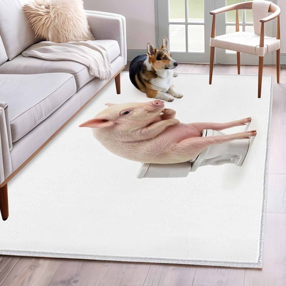 Funny Pig Area Rugs 2.7'x5', Washable Small Throw Rugs for Kitchen Bedroom, Cute Art Fun Lovely Animals on Toilets Indoor Outdoor Rug Non-Slip Low Pile Carpet Runner Reversible Floor Mats