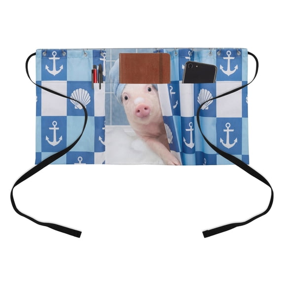 Funny Pig Bathing Kitchen Restaurant Half Waist Apron, Shell Anchors Towel Modern Abstract Server Short Apron with 3 Pockets Waterproof Oil Waist Aprons for Women Waitress Waiter