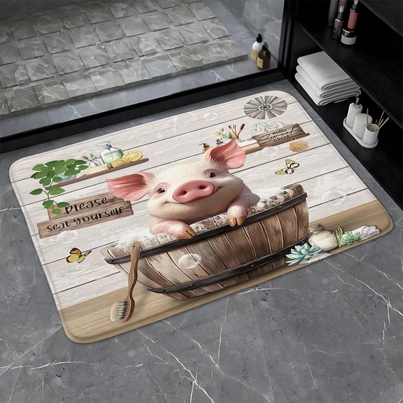 Funny Pig Bathroom Rugs Farmhouse Animal in Bathtub Farm Rustic Bathing Bubbles Cute Country Wooden Positive Word Bath Mat Bedroom Kitchen Toilet Floor Doormat 16x24
