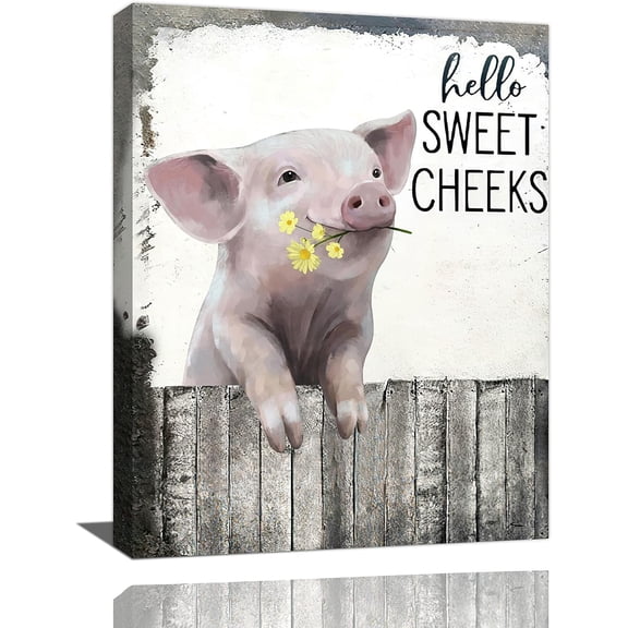 Funny Pig Bathroom Wall Art Farmhouse Pig Bathroom Pictures Wall Decor Rustic Pig Canvas Painting Print for Wall Country Animal Cute Pig with Daisy Wall Decor Artwork Framed for Bedroom Toilet 12"x16"