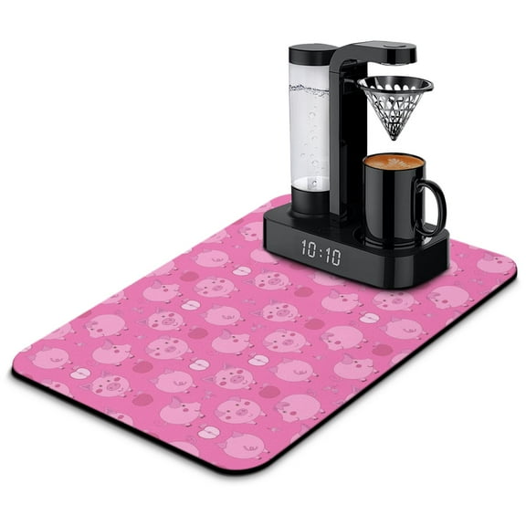 Funny Pig Cartoon Coffee Station Mat - 4-Layer Non-Slip Mat for Coffee Bar, Pig and Moonlit Sky Aesthetic