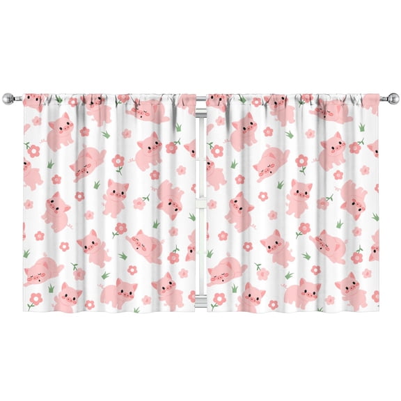 Funny Pig Cartoon Kitchen Curtains 2 Pack - Pink Watercolor Animal Art, Farmhouse Tier Window Treatment, 52x63 Inch Semi-Sheer Rod Pocket Panels