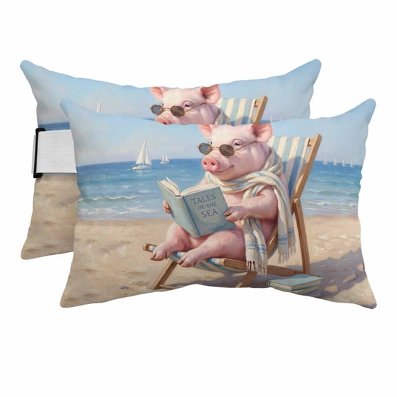 Funny Pig Reading Outdoor Pillows for Chaise Lounge Chair Beach Headrest Pillow Set of 2 Waterproof Lumbar Pillows with Insert&Adjustable Elastic Strap Summer Beach Boats Coastal Pool Pillow 11"x16"