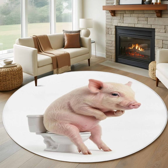 Funny Pig Round Area Rug 6Ft Washable Circle Rugs for Bathroom Office, Cute Art Fun Lovely Animals on Toilets Non-Slip Carpet Floor Mats Indoor Outdoor Carpet Runner Aesthetic Home Decor