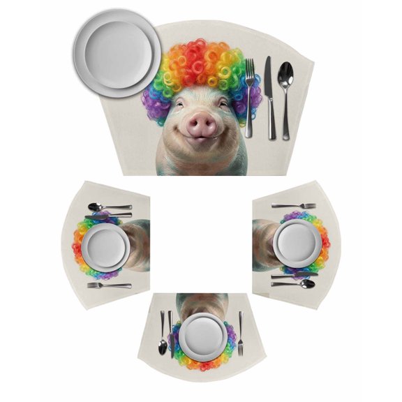 Funny Pig Round Table Placemats Set of 4 Wedge Placemats, Rainbow Abstract Animals Place Mats for Dining Table Set Washable Mats Kitchen Decor for Indoor Outdoor Wipe Clean