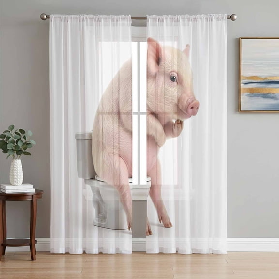 Funny Pig Sheer Curtains 108 Inches Long 2 Panels Set, Window Sheer Curtains for Living Room/Bedroom, Cute Art Fun Lovely Animals on Toilets Light Filtering Rod Pocket Curtain 52''x108''x2