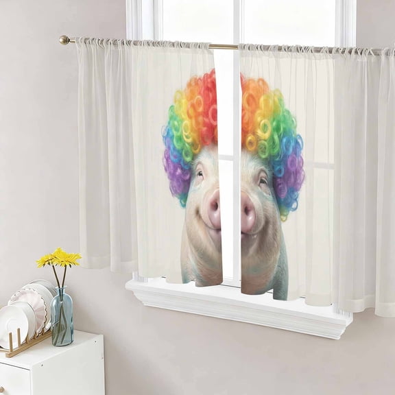 Funny Pig Sheer Curtains 45 Inches Length 2 Panels Set, Window Sheer Curtains for Living Room/Bedroom, Rainbow Abstract Animals Light Filtering Rod Pocket Curtain 52''x45''x2