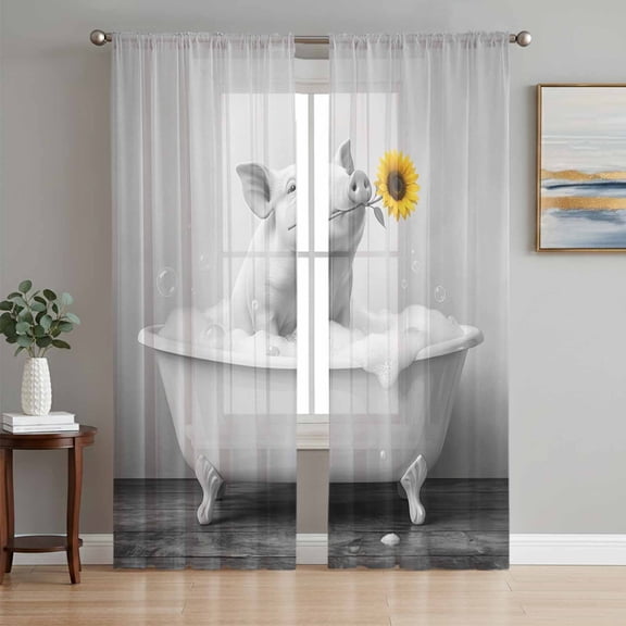 Funny Pig Sheer Curtains 96 Inches Long 2 Panels Set, Window Sheer Curtains for Living Room/Bedroom, Cute Art Vintage Lovely Animals on Bathtub Light Filtering Rod Pocket Curtain 52''x96''x2