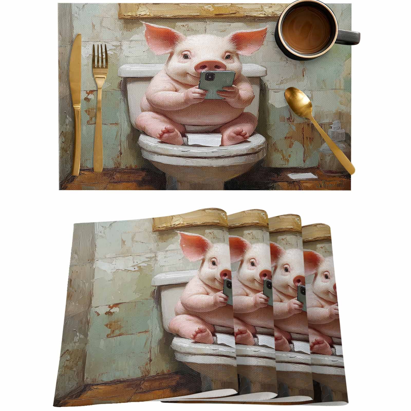 Pig Mat Table Funny Pig Sitting on Toilet Bathroom Placemats Set of 4,Wipeable ...