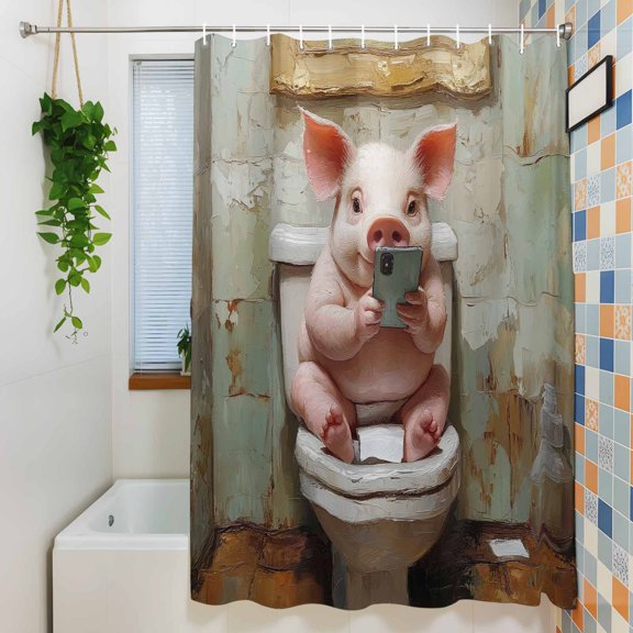 Funny Pig Sitting on Toilet Bathroom Shower Curtain for Bathroom, Animals Play Phones Waterproof Shower Curtains Washable Quick Dry with Hooks Bathtub Curtains 36x72IN
