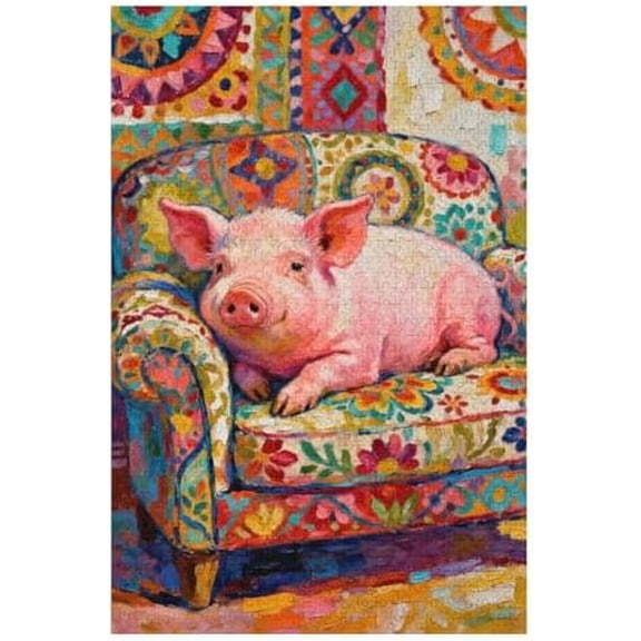 Funny Pig Sitting on Sofa 500 Piece Jigsaw Puzzle for Adults, Humorous Animal Artwork, Relaxing Family Game & Decorative Display